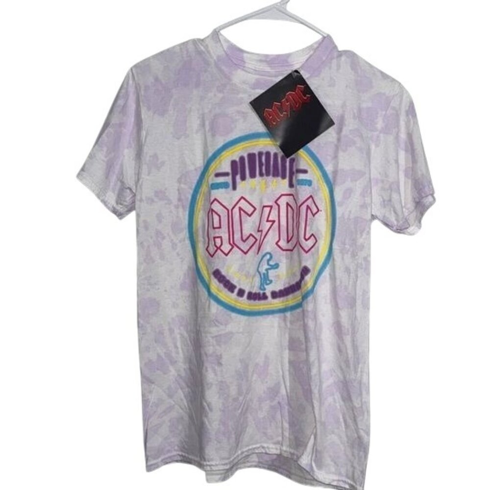 AC/DC Tie-Dye Graphic T-Shirt Small Purple Rock & Roll Band Tee 100% Cotton